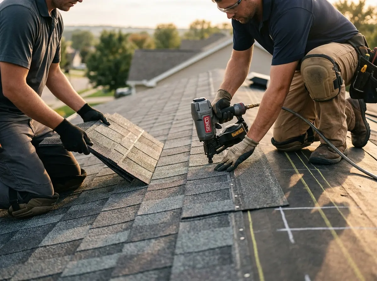 Professional roofer working on a residential roof in Delavan